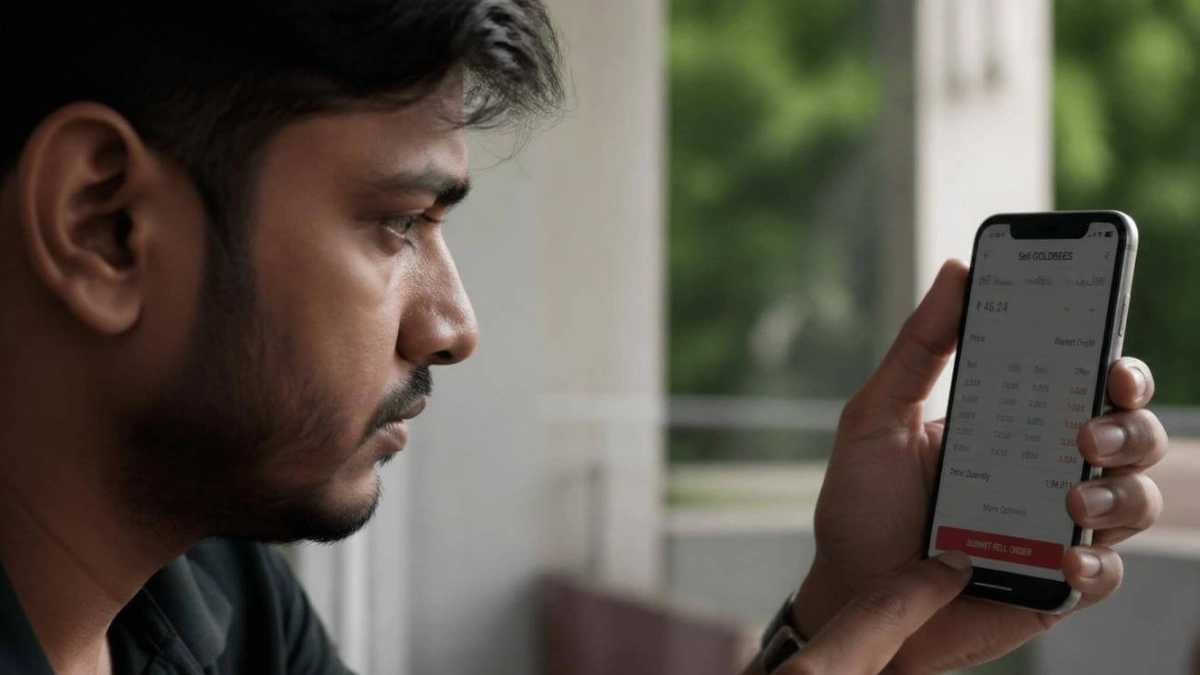 Ek Indian trader apne mobile par trading app me AMO (After Market Order) lagate hue.