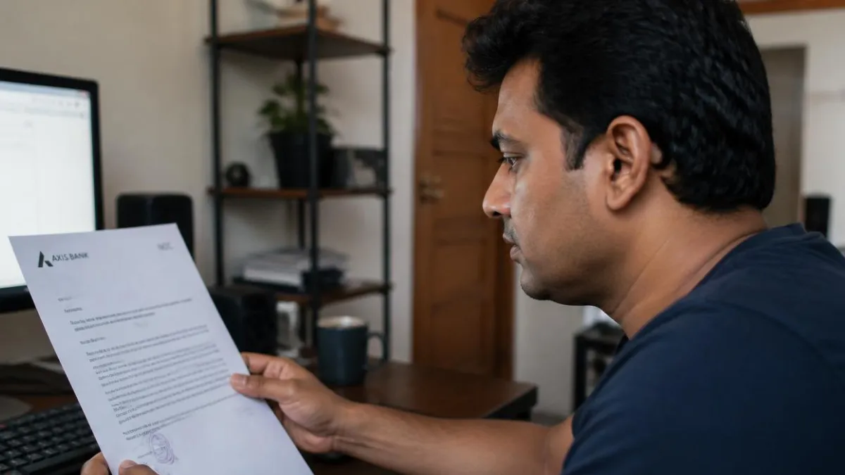 Serious Indian man carefully reading an Axis Bank NOC letter and verifying home loan closure details at his desk.