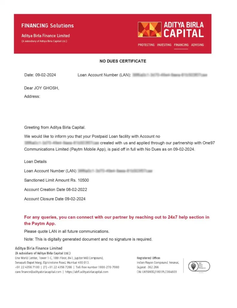 Paytm Postpaid and Aditya Birla Finance No Dues Certificate (NOC) sample for CIBIL dispute
