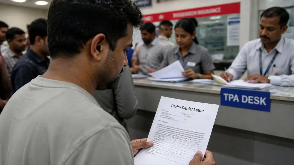 Hospital ke TPA desk par health insurance claim denial letter padhta hua vyakti