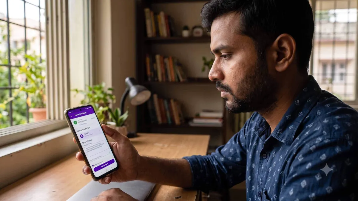 एक व्यक्ति अपने घर से मोबाइल पर PhonePe ऐप के ज़रिए गलत UPI ट्रांसफर की ऑनलाइन शिकायत (Dispute) दर्ज कर रहा है।