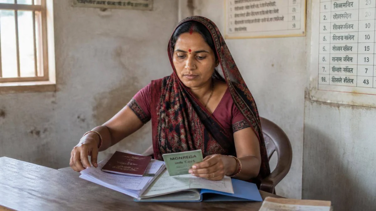 एक ग्रामीण महिला PM Awas Yojana Gramin (PMAY-G) के लिए अपनी पूरी फाइल तैयार कर रही है, जिसमें जॉब कार्ड, बैंक पासबुक, आधार और ज़मीन के कागज़ एक साथ रखे हैं।