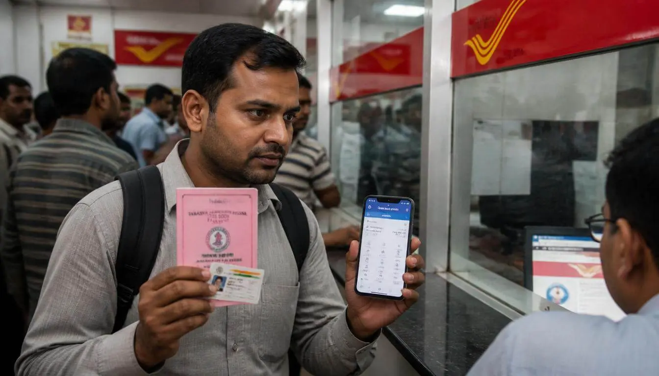 Post office counter par SSY passbook aur Aadhar card liye khada ek pita, jo janna chahta hai ki sukanya samriddhi account post office se bank me transfer kaise kare.