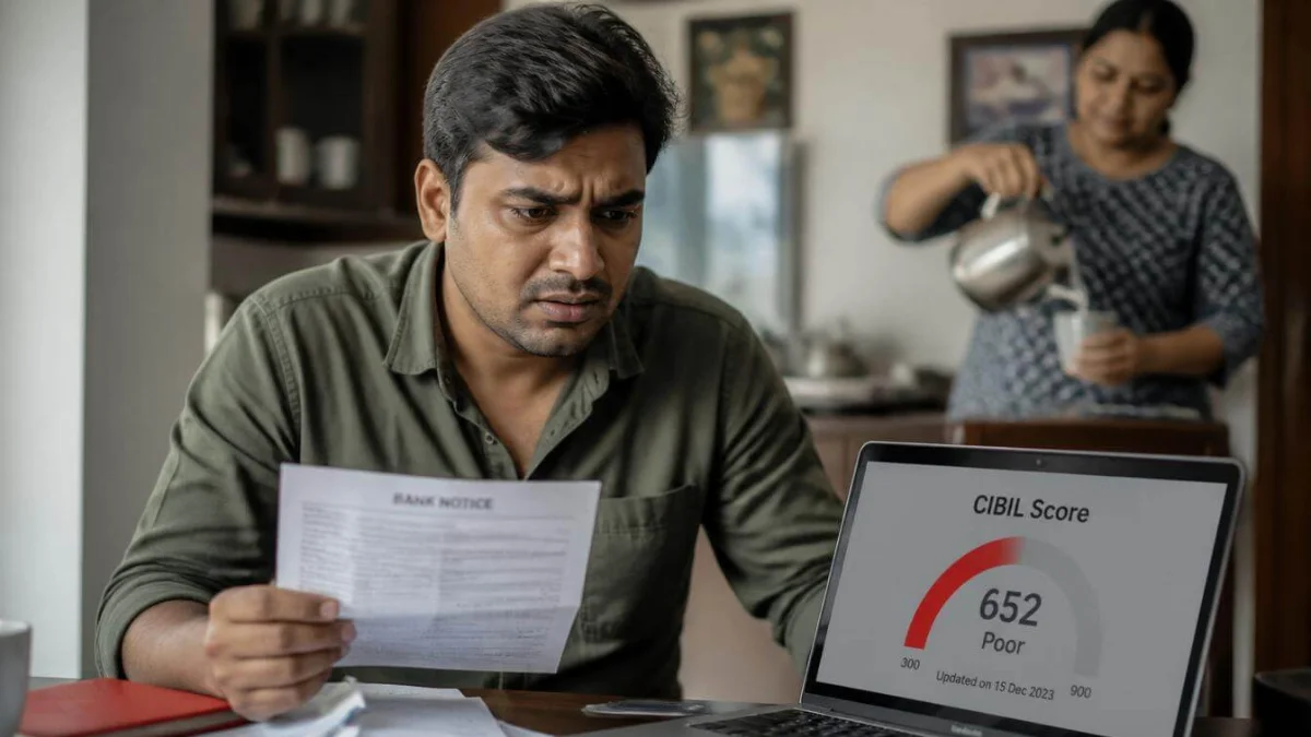 Worried Indian man holding a bank notice and checking his poor CIBIL score (652) on laptop