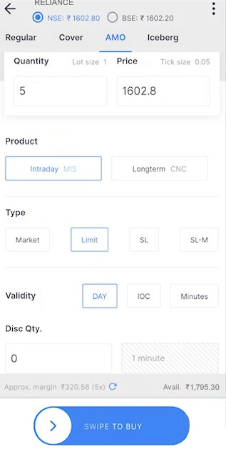 Zerodha Kite app me Reliance share ka AMO (After Market Order) intraday limit price par lagane ka live screenshot.