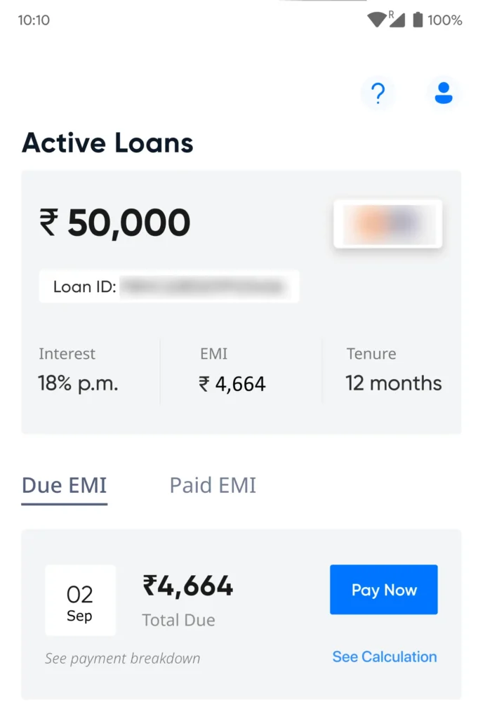 पर्सनल लोन ऐप में चल रही loan EMI और 4,664 रुपये के ड्यू पेमेंट का असली स्क्रीनशॉट