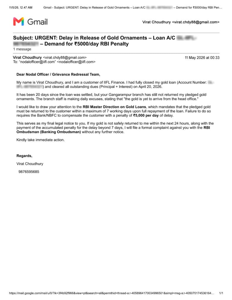 Sample grievance email sent to IIFL nodal officer for delayed gold release claiming RBI penalty.