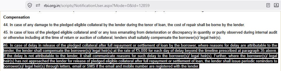 RBI rule mandating Rs 5000 per day penalty for delay in releasing gold loan collateral.